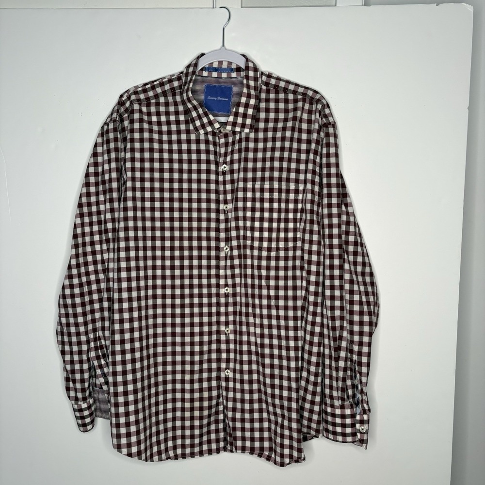 Tommy Bahama Maroon-White Gingham Long Sleeve Shirt Size 2XL Americana Coastal